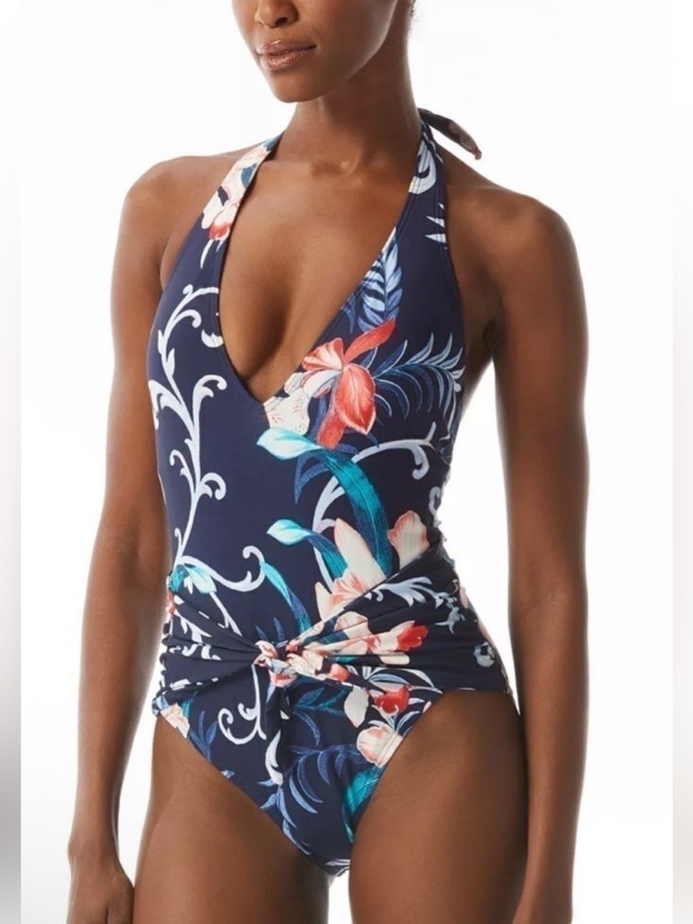 CARMEN MARC VALVO NWT 6 shaper SEXY Navy Floral Halter OnePiece Swimsuit